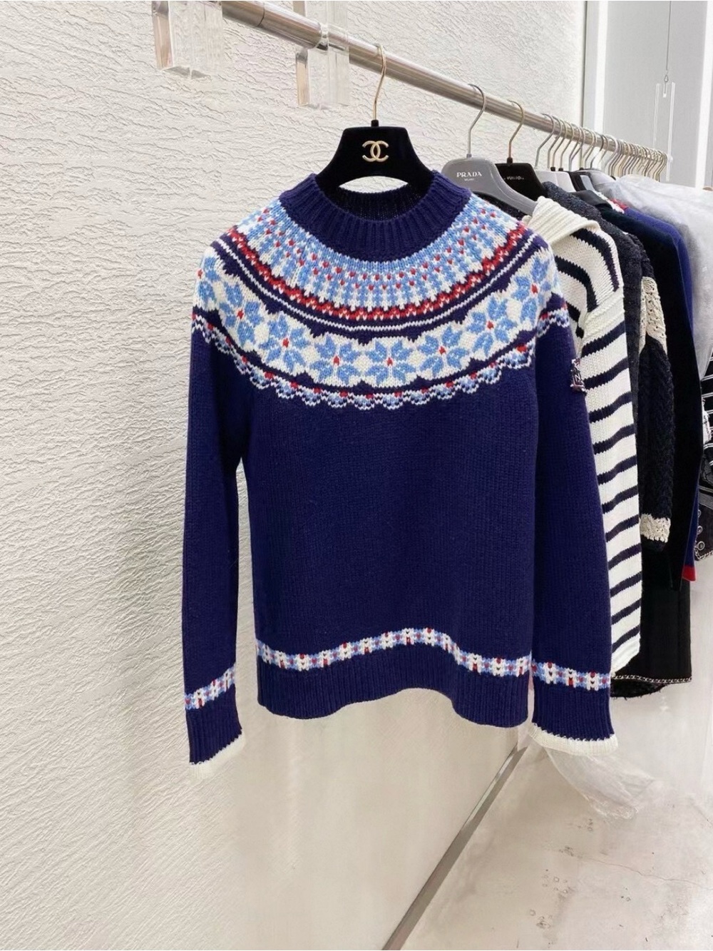CHANEL Navy Multicolor Fair Isle Crewneck Sweater